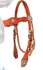Harness Leather Headstall Scalloped Browband Silver Conchos Black Inlay Horse