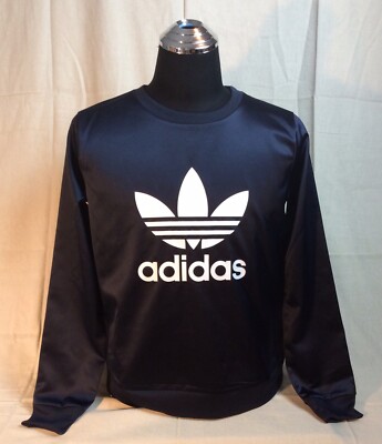 ADIDAS LOGO Sweatshirt S Womens Navy Long Sleeve Stretch Shiny Trefoil Crew  Neck