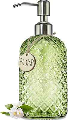 18Oz Tea Green Soap Dispenser with Rust Proof Pump, Refillable Glass Soap Dis...