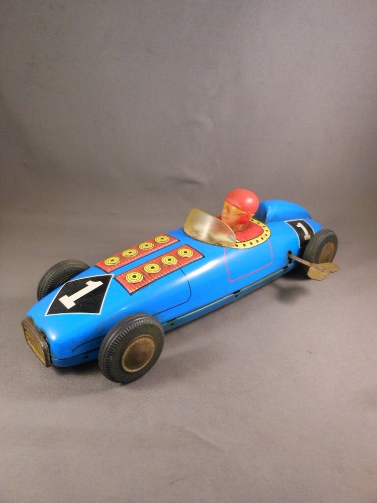 Vtg Tin Toy Wind-up Lotus Race Car #1 Blue Has Key WORKS