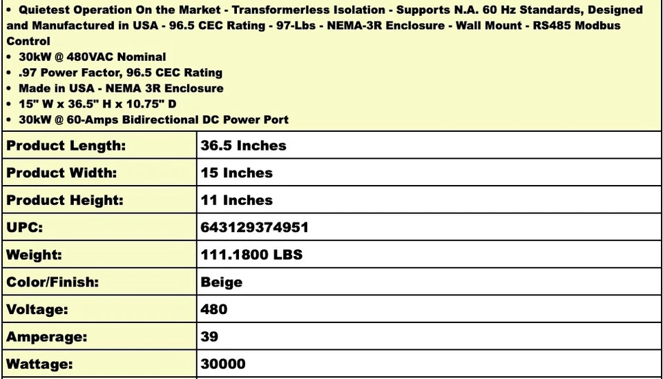 IDEAL POWER IBC-30KW-480 LIGHT & QUIET SOLAR 30KW BATTERY CONVERTER / INVERTER - Image 2 of 2