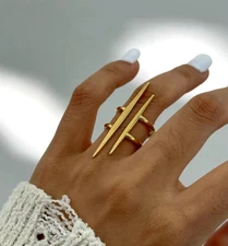 Abstract Ring Double Bar Gold Statement Contemporary Exaggerate Modern Geometric