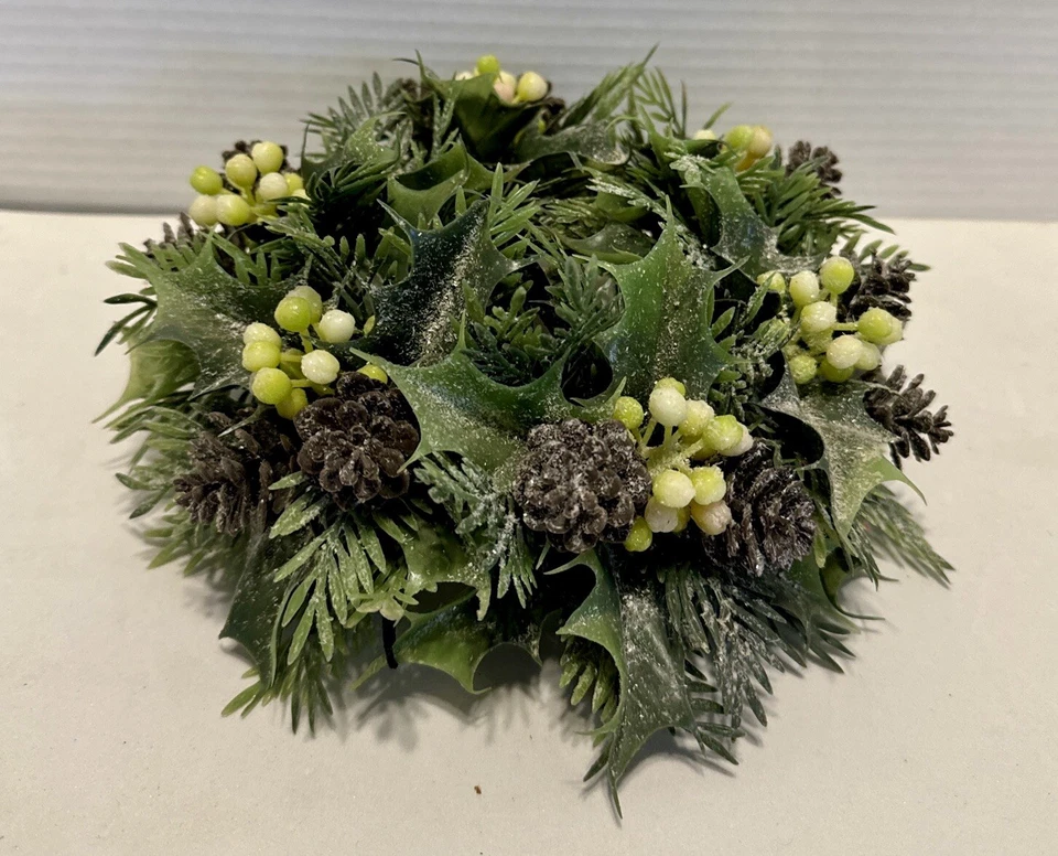 VTG 8” Candle Ring Wreath With Faux Pinecones, Holly, & Evergreen Accents - Image 3 of 4
