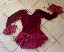 NEW Girls WINE VELVET Sequin Drip RUFFLE Competition FIGURE ICE SKATING Dress