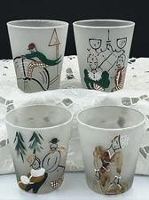 4 Vintage MCM Gay Fad Victorian Frosted Glasses 3.25" Hand Painted
