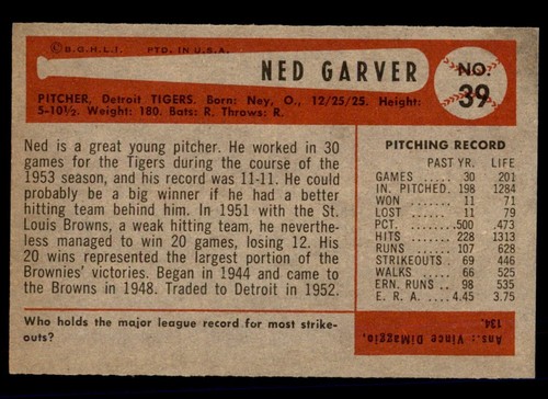 1954 Bowman #39 Ned Garver - NM+ - Picture 2 of 2