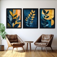 Blue And Gold Wall Art Set of 3 Prints Minimalist Botanical Artwork For Lounge