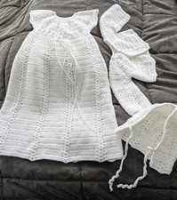 Babys Baptismal Christening Gown White Yarn Crocheted 32" Long Handmade New