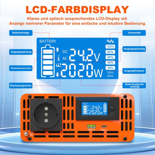 12V 24V a 230V 1500W 2000W Inversor de seno puro Convertidor de tensión Viaje - Imagen 47 de 48