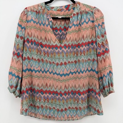 Amour Vert 100% Silk Blouse Medium Pink Ikat Boho Peasant Top USA Made