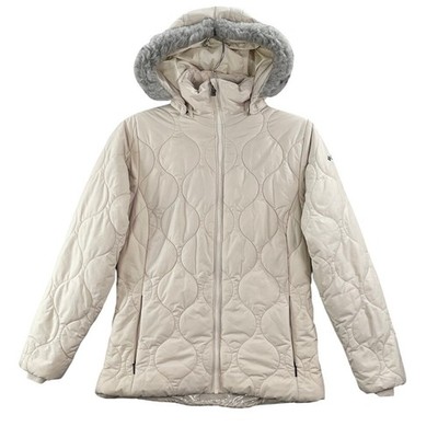 Columbia Joy Peak Hooded Jacket Women XS White Quilted Omni-Heat Faux Fur Travel