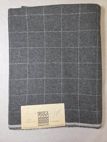 Vtg BRITEX Fabric Wool? Gray White Windowpane 2 Yards 58" Wide