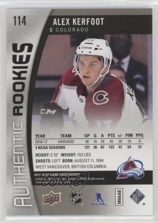 2017-18 SP Game Used Authentic Rookies Rainbow /223 Alex Kerfoot #114 Rookie RC - Image 2 of 2