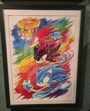 Sonic the Hedgehog Acuarela Pintura Impresión, Dibujos Animados, Anime, 11x15" Enmarcado!
