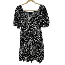 Who What Wear M Black White Animal Print Cotton Midi Dress Puff Sleeve