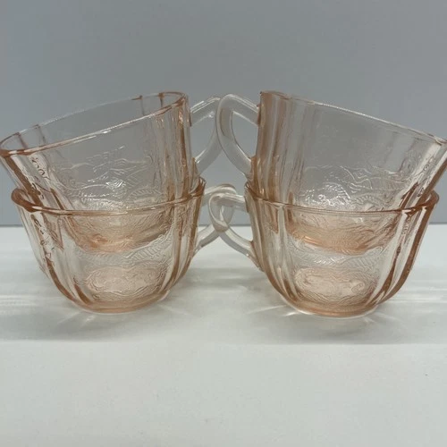 S/4 Indiana Glass Pink Depression Glass Tea Cups Madrid Pattern Vintage 1970s