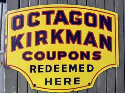 RARE ORIGINAL OCTAGON KIRKMAN COUPONS REDEEMED HERE DSP PORCELAIN FLANGE SIGN