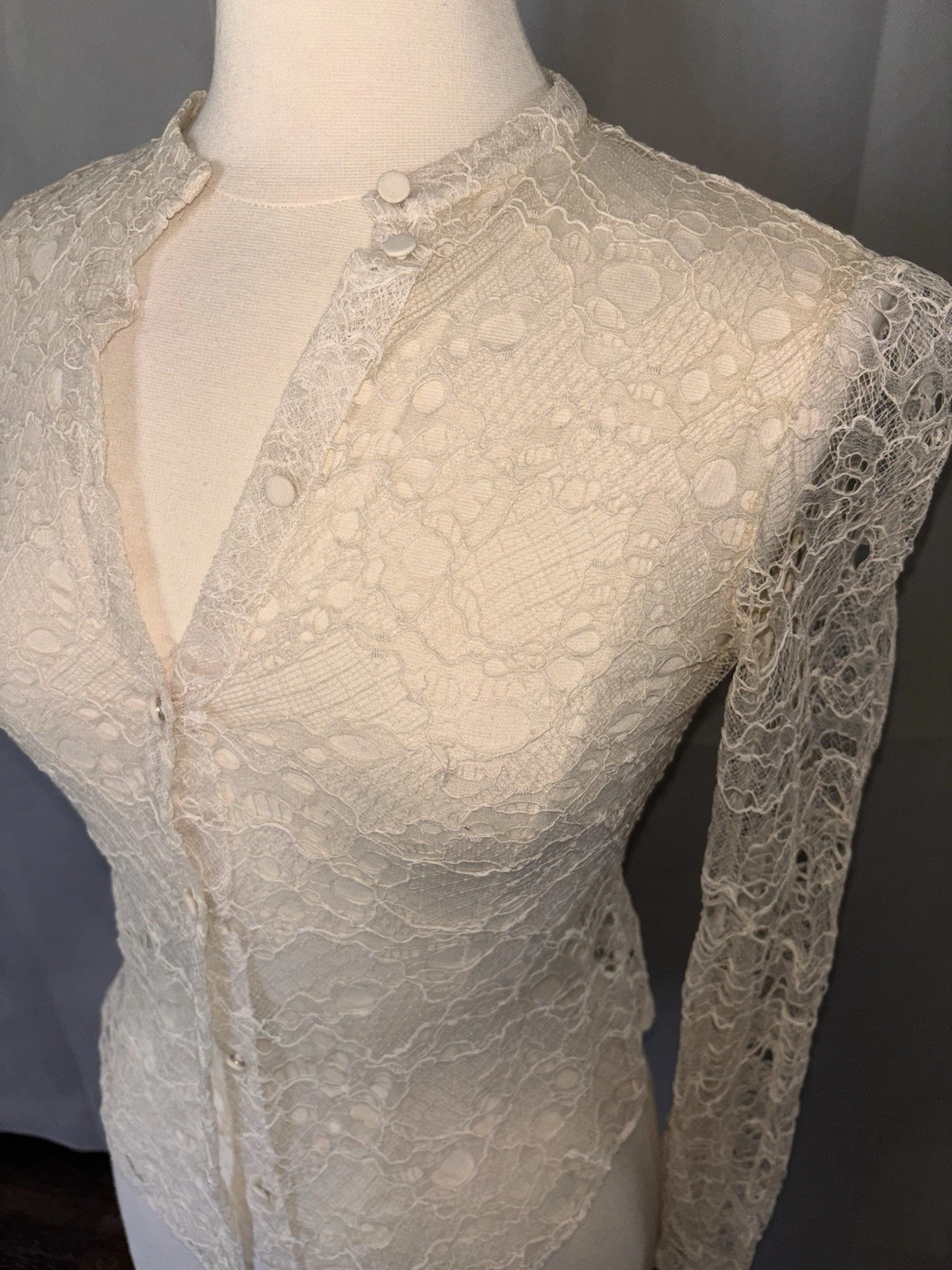 Valentino — Alexander McQueen Ivory Lace Blouse Romantic Sheer Lace Valentino-Style Top 40/S