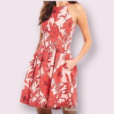 Vince Camuto Women’s 14 Halter Neck Fit and Flare Floral Dress Coral