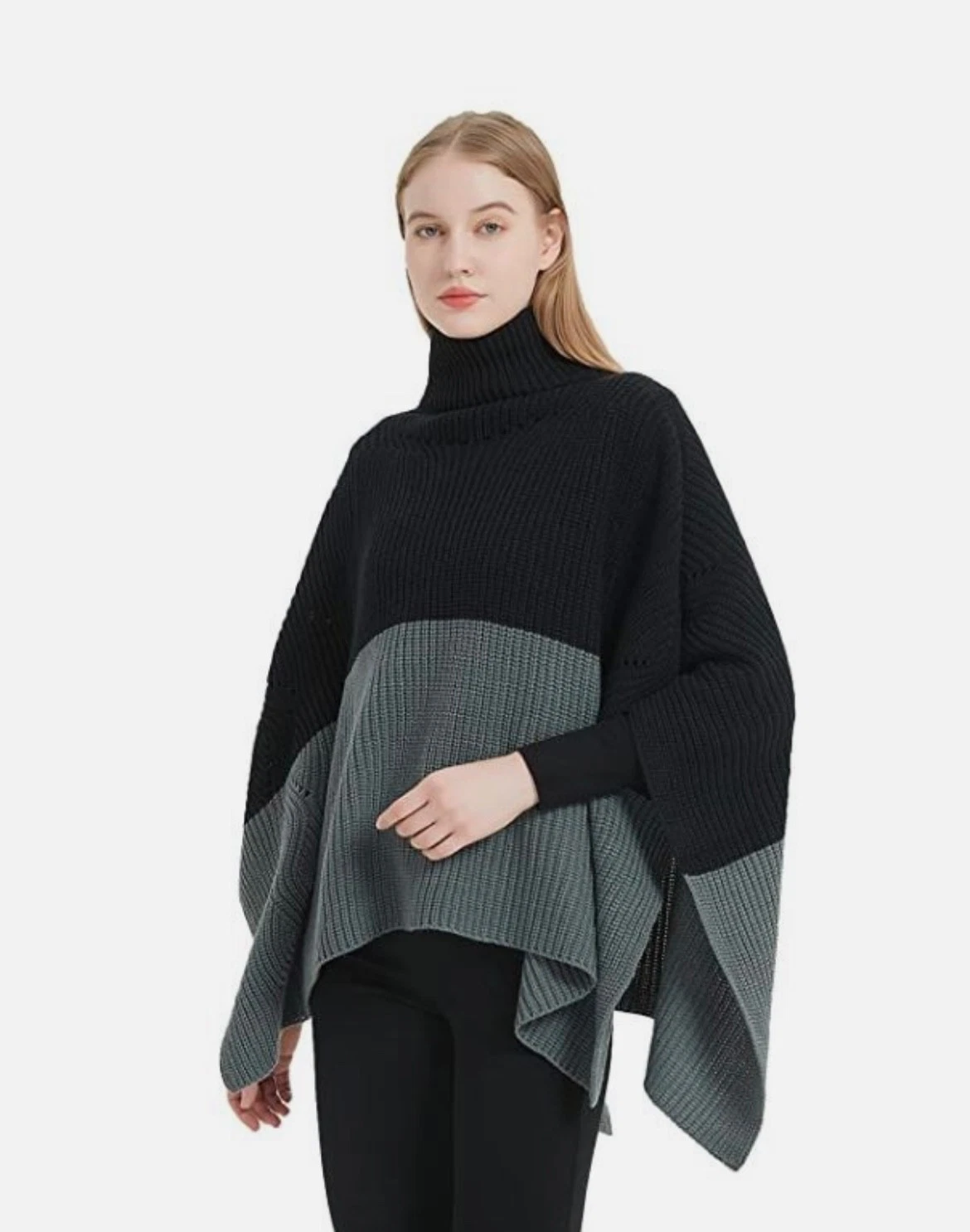 SAVE THE OCEAN colorblock recycled materials women's turtleneck poncho - BLACK