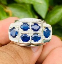 Natural Neelam Sapphire, Blue Sapphire Stones Ring, Six Sapphire Band, Silver