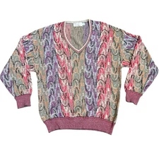 St Croix 3D Vtg Knit Sweater Mens L Biggie Coogi Cosby Abstract V Neck