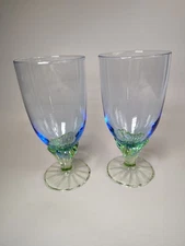 2 Retired Bormioli Rocco Bahia Ice Tea Glass Goblet Blue Green Stem 18 oz 7.5" T