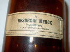 VINTAGE 1 LB RESORGIN MERCK (RESORCINOL) NEW YORK CORK TOP MEDICINE BOTTLE