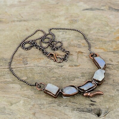 Rainbow Moonstone Rough Copper Mom Gift Electroformed Adjustable Necklace 18.0''