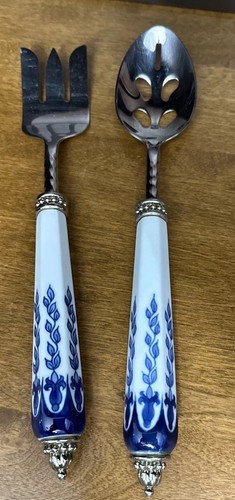 New Bombay Brand Salad Fork and Spoon Set with Blue/White Ceramic handles 11.5”