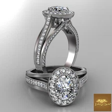 Milgrain Halo Pave Bezel Setting Oval Diamond Engagement Ring GIA E VVS1 1.4 Ct