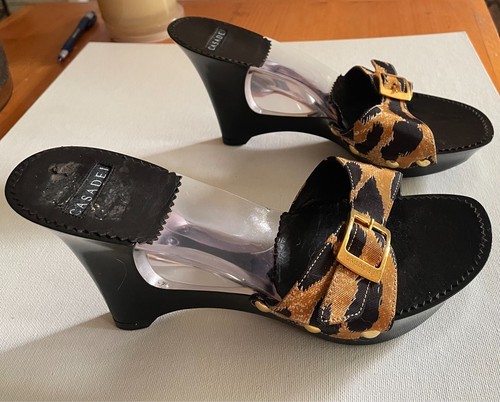 NEW Casadei Italy Leopard Print Lucite Wedge Mule Sandals Gold Women's US 6**