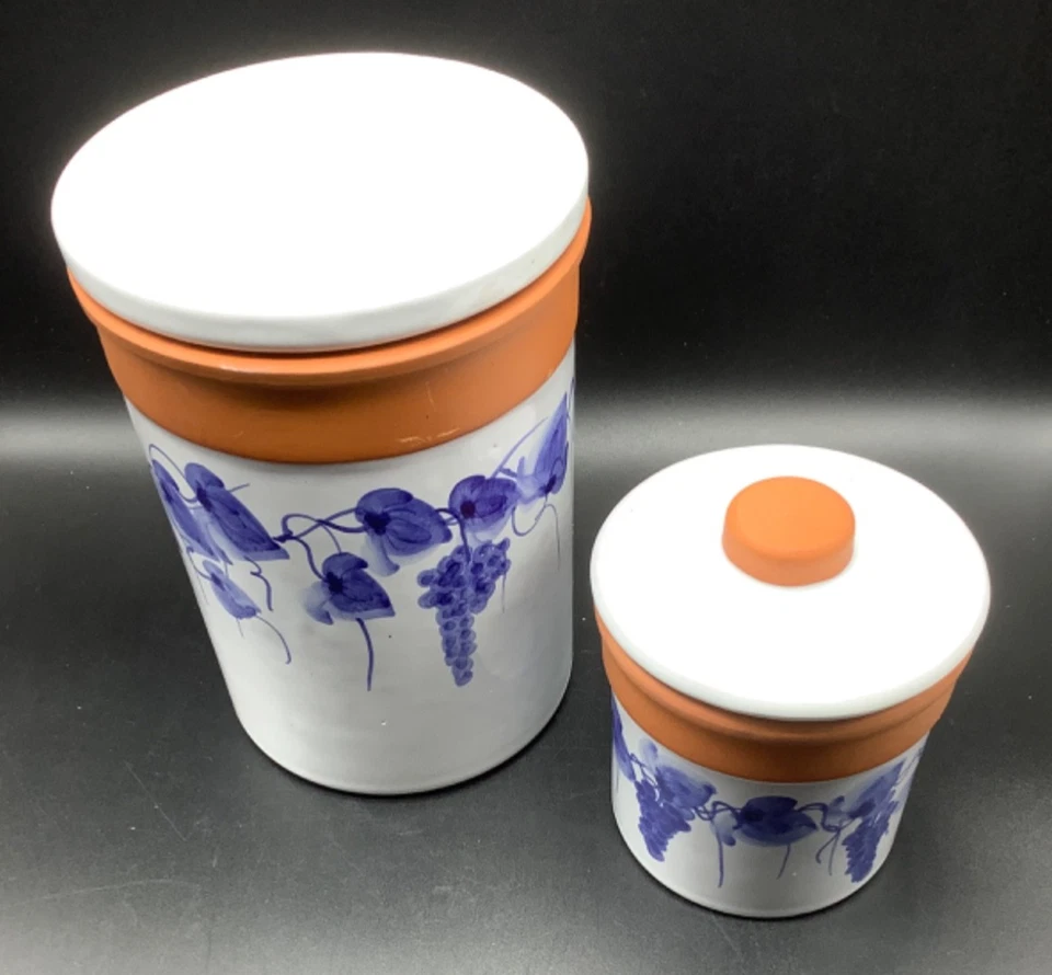 "Botes de terracota, esmalte blanco/azul, Portugal, firmados, juego de 2, 6"" y 4""" Foto 2 de 4