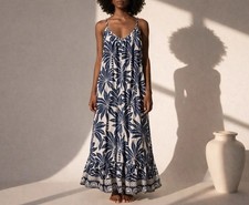 True Destinations Blue Palm Print Maxi Dress XS Boho Flowy Summer Beach Resort