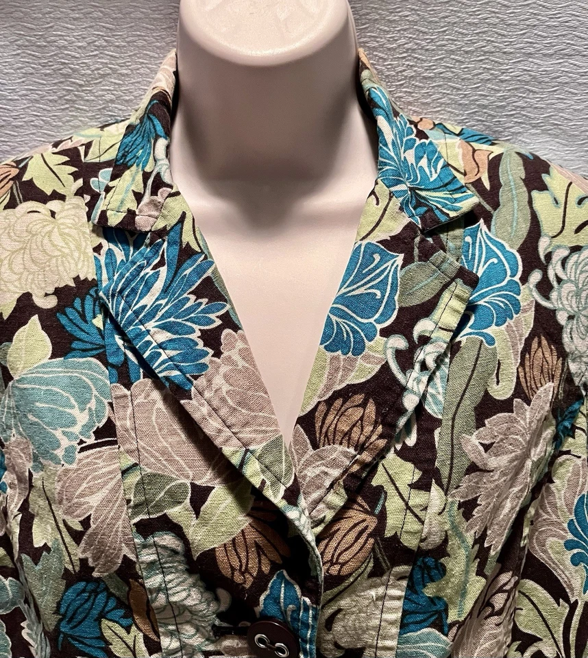 Blazer RQT Lino Tropical Floral Para Mujer 12 Azul Tostado Verde Resort Playa Crucero Foto 3 de 4