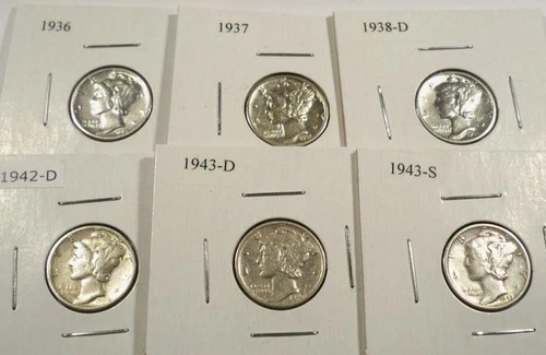 LOT OF 6 CIRC MERCURY DIMES XF 1936 1937 1938D 42D 43D 43S 0.434 oz SILVER 10c