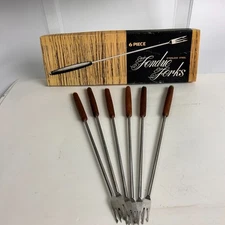 Stainless Steel Fondue Forks Set of 12 10" with Wood Handles Color Coded Beads