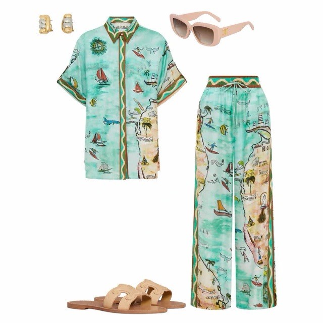 Alemais Swell Silk Shirt & Pant Set Blue Green AU6/US2 BNWT