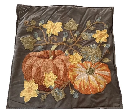 POTTERY BARN Pumpkin Fall Autumn Crewel Embroidery Pillow Case, 20" x 20" - Image 1 of 4