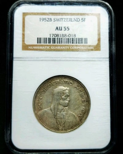 5 Francs 1952 B *Bern*Herdsman Small Type Switzerland AU55 NGC Only 155K Rare !!