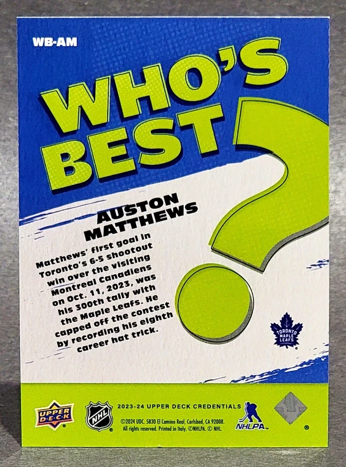 2023-24 Upper Deck Credentials Who’s Best #WB-AM Auston Matthews - Image 2 of 2