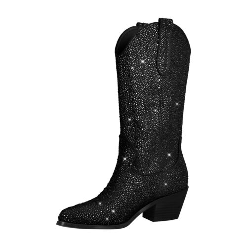 Women's Western Cowboy Cowgirl Boots Rhinestone Glitter Crystal Mid Calf Boots - Picture 1 of 14
