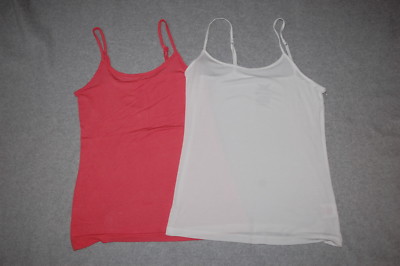 Womens 2 LOT STRETCHY CAMI Tank Top CORAL ORANGE & WHITE Solid Color S 4-6