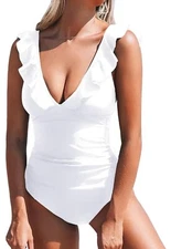CUPSHE Women's Ruffled One Piece Swimsuit V Neck Lace up. Size XL White