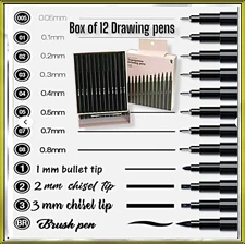 Set of 12 Micro 0.05 - 3mm  Black Drawing Fineliner Ink Pens uk seller