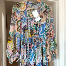 Zara Long Flowing Ruffled Printed Midi Dress S M Light Airy Blue Floral