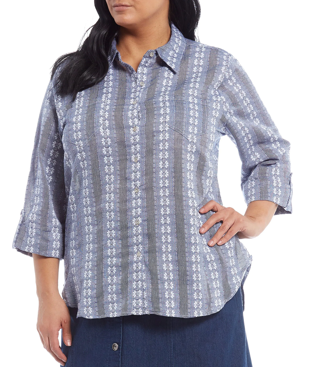 Allison Daley Chambray Floral Collared Button Front Tunic Top sz S
