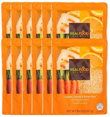 Real Food Blends Chicken Carrots Brown Rice Tube-Fed Meals 12 Pack 9.4oz New