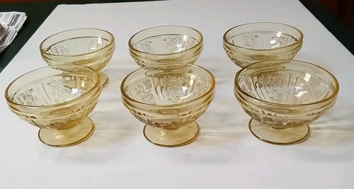 Federal Depression Glass Amber Sharon Cabbage Rose Sherbet Dishes VTG Set of 6