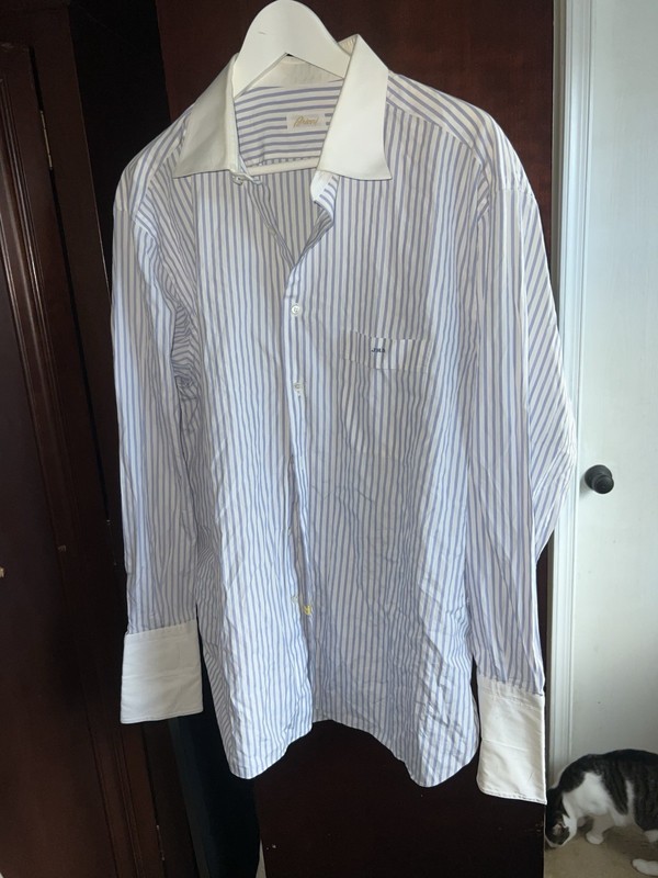 Brioni  Men’s White Blue Stripe  Long Sleeve Button up Dress Shirt Size 18 / 46